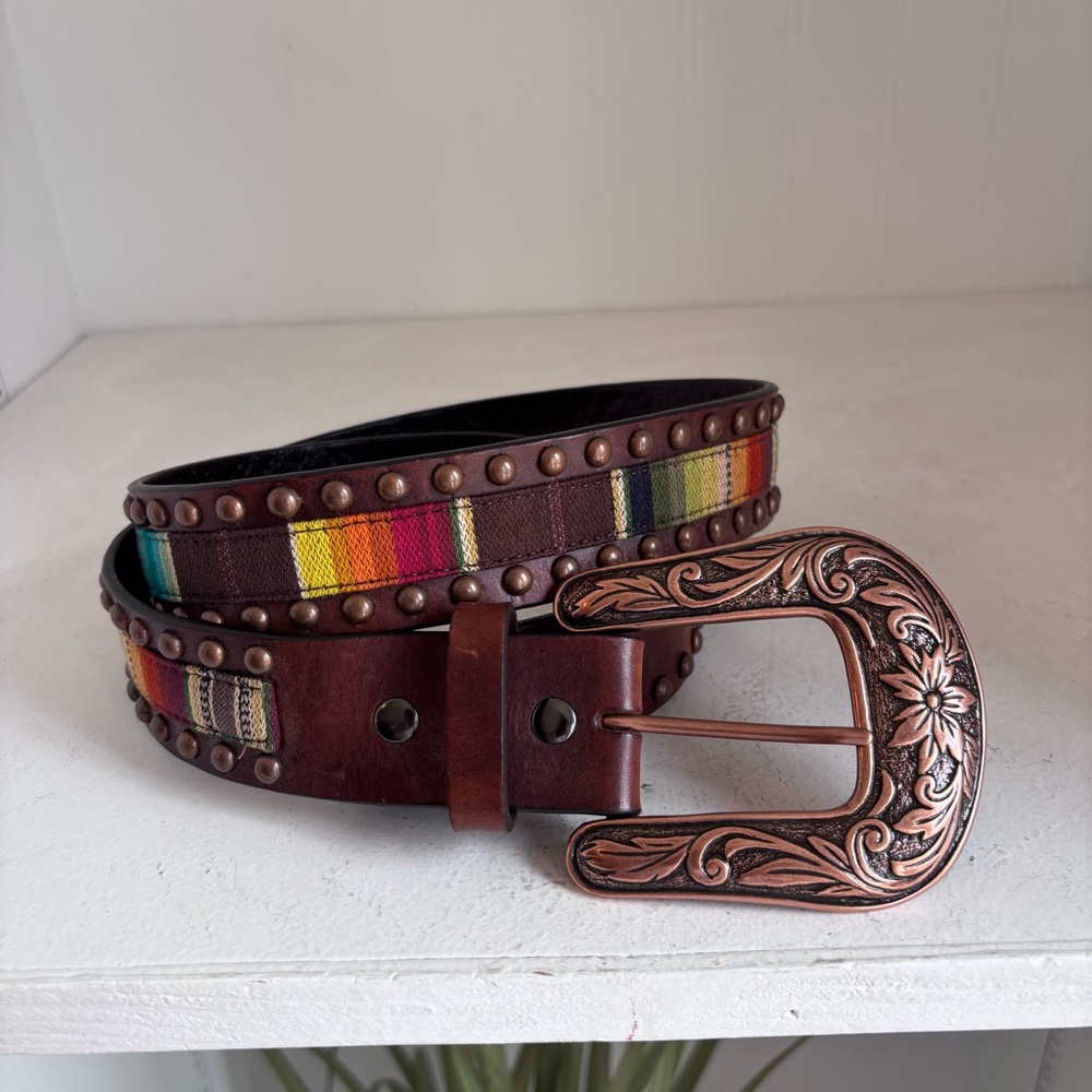 Ariat Brown Leather Serape Western Belt with Studs Decorative Buckle Size M